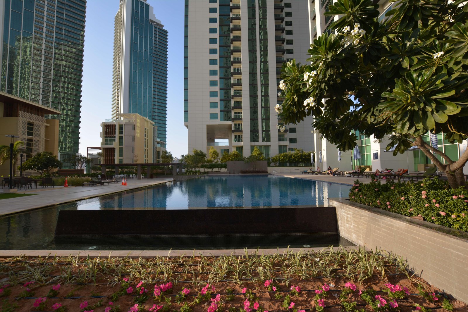 Swimming pool and landscaped gardens at Al Maha Tower Marina Square Al Reem Island Abu Dhabi offering luxury outdoor lifestyle.